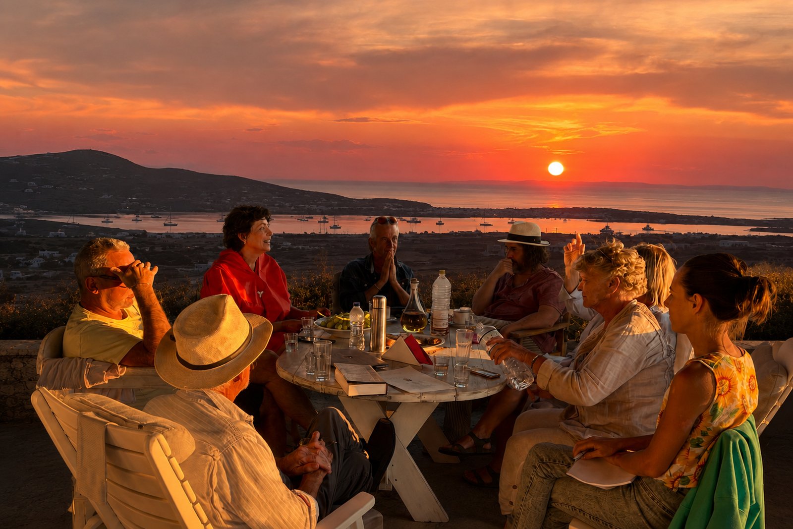 Retreat guests dining together on the terrace at sunset, Milos House