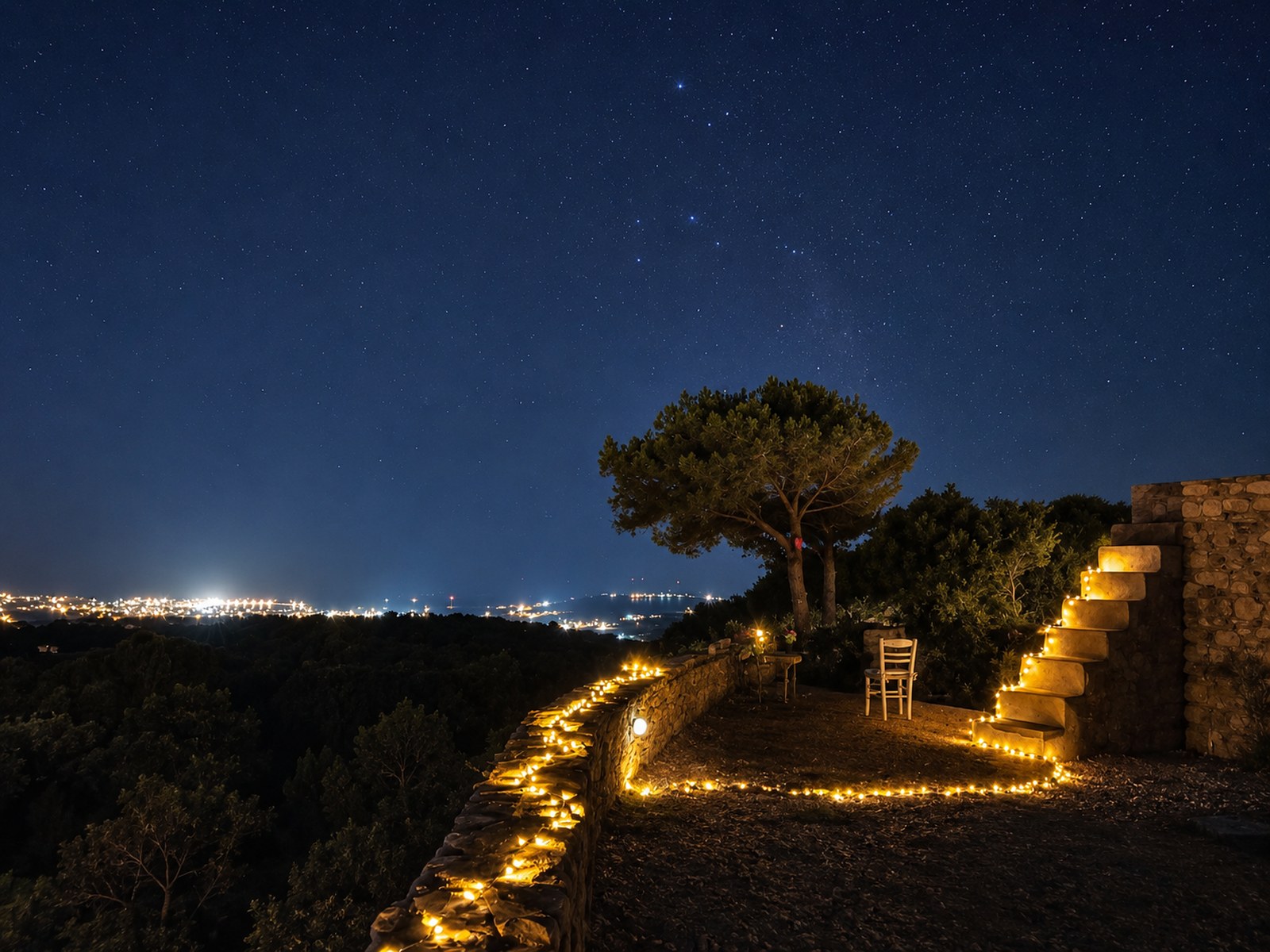 Fairy lights along the terrace wall and steps under a star-filled sky at Milos House