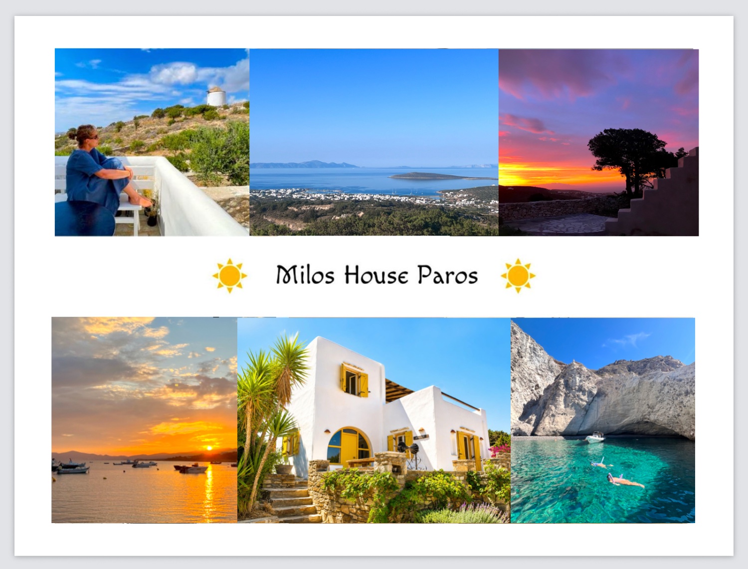 A postcard collage of Milos House, Paros — terraces, sunsets and the sea