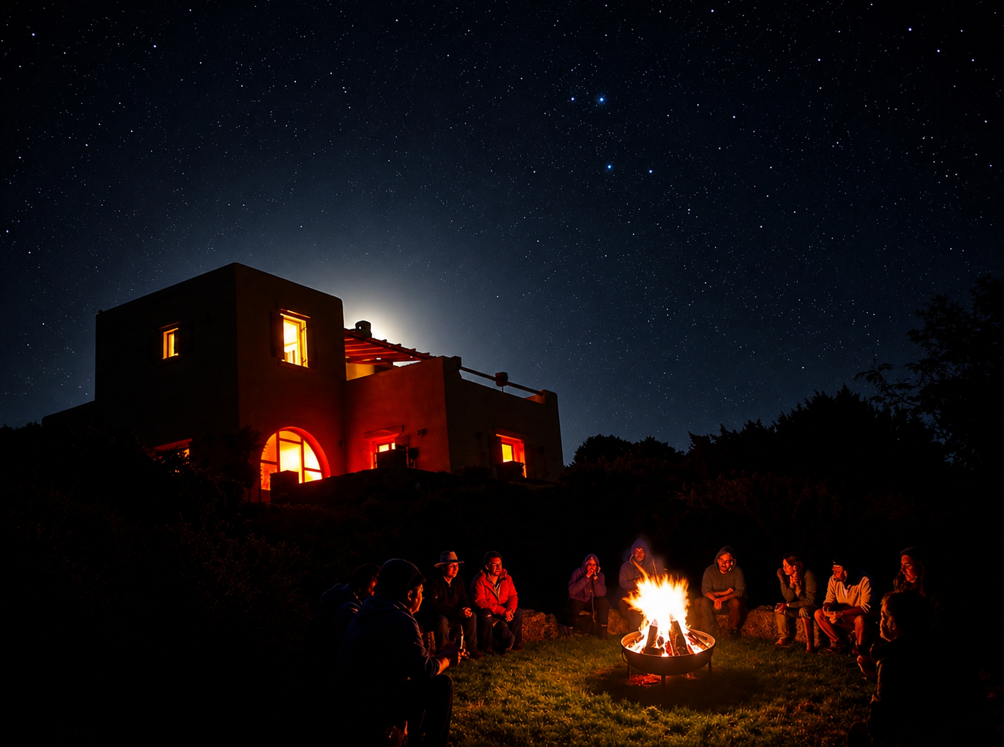 Guests gathered around the campfire beneath the stars at Milos House