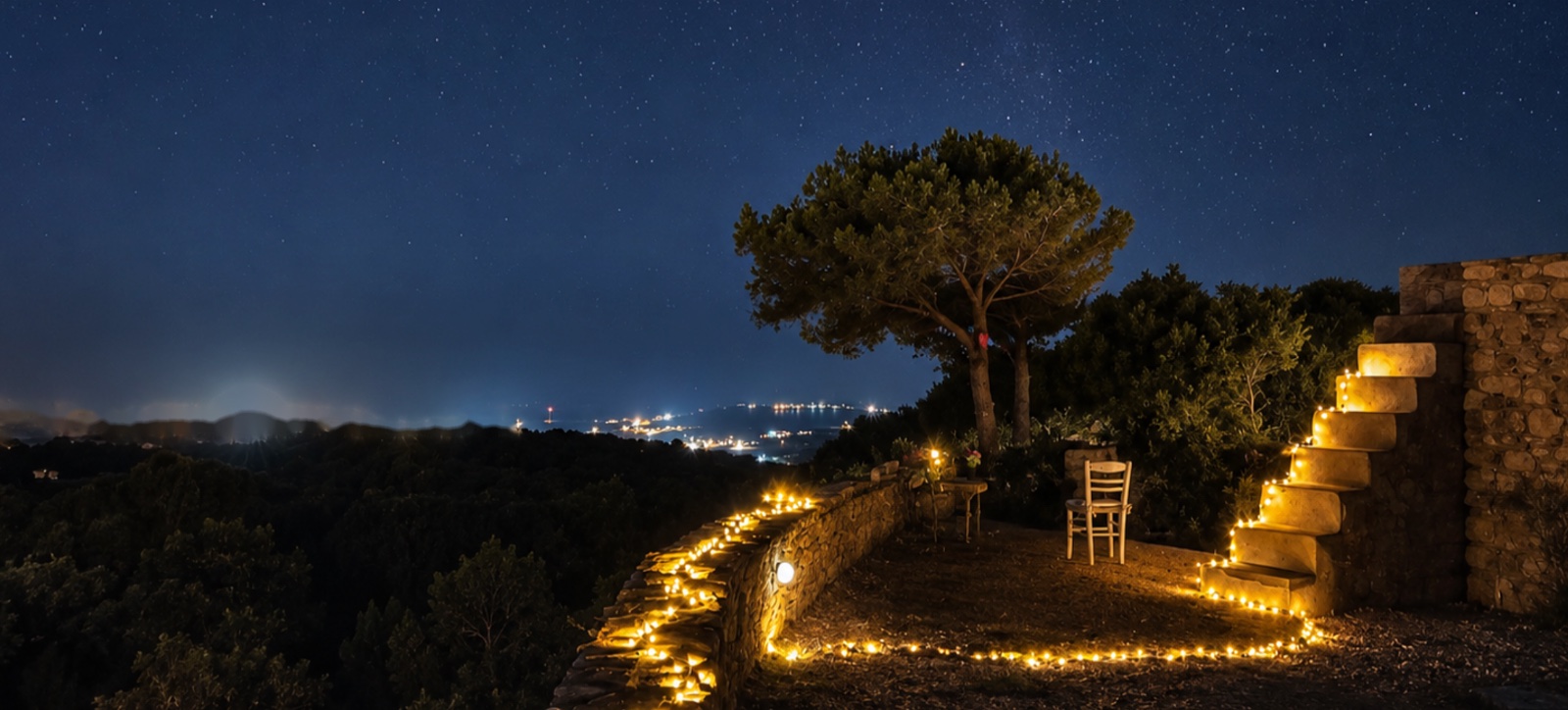 Fairy lights along the terrace wall under a starry sky at Milos House